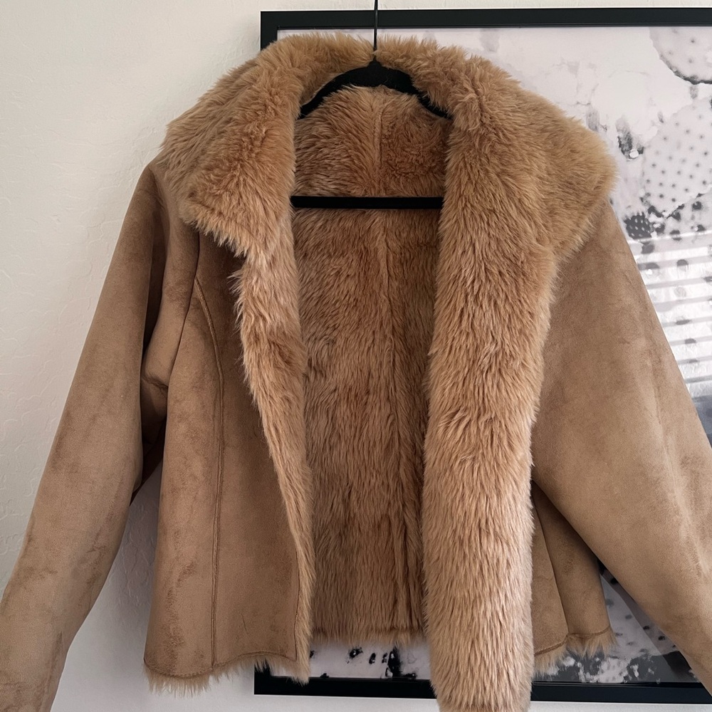 MIXIT Tan Faux Fur Lined Suede Bomber Retro Women's Jacket Coat size Large